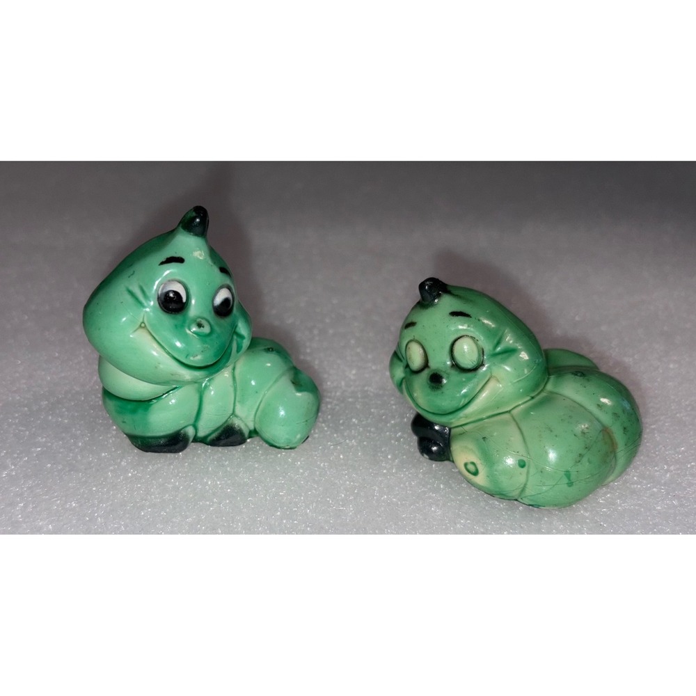 Vintage Ceramic Green Caterpillar Figurines Pair | Retro Bug Decor Shelf Sitters